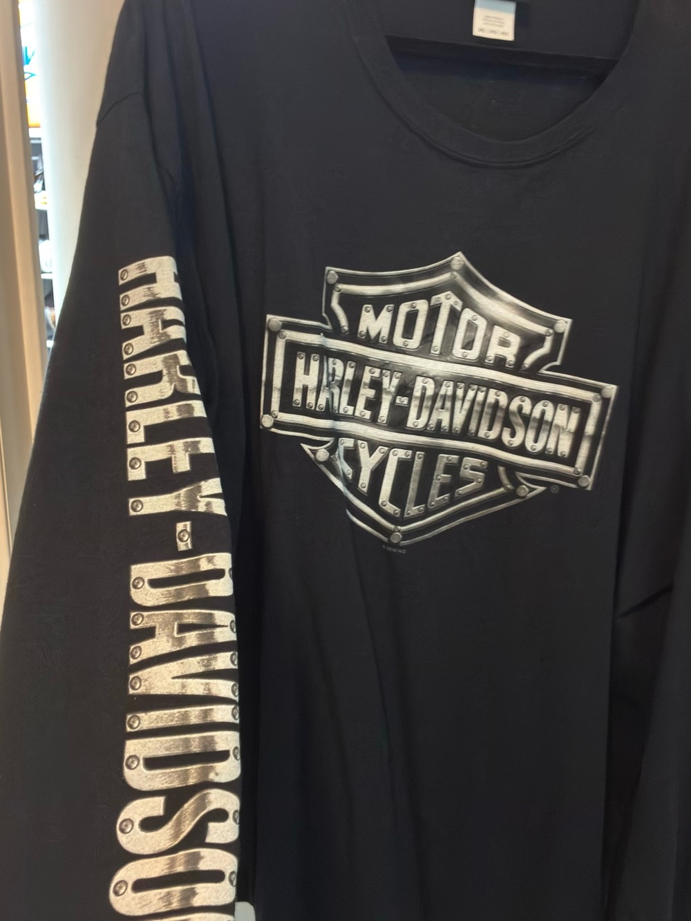 Harley-Davidson Black Long Sleeve Shield Logo Tee with White Sleeve Print